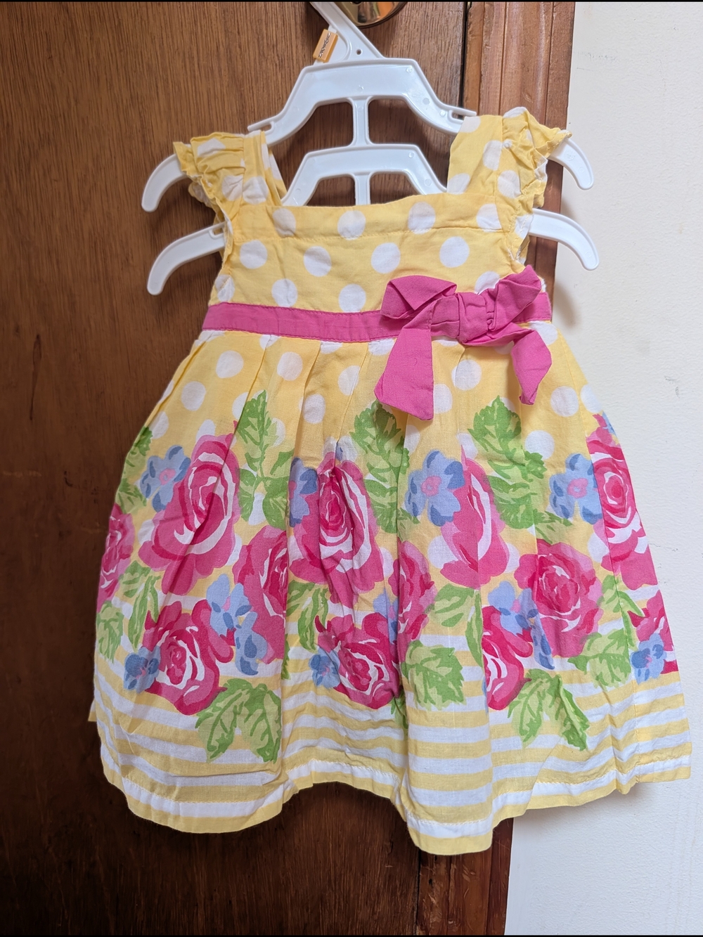 Girls Yellow Polka Dot Floral Dress with Pink Bow